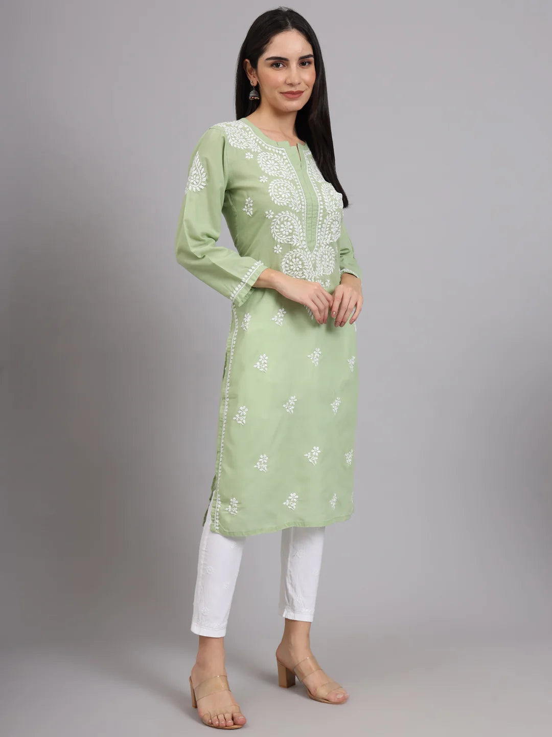 Women Hand Embroidered Lucknowi Chikankari Cotton Ethnic Motifs Kurta PC3997 Green