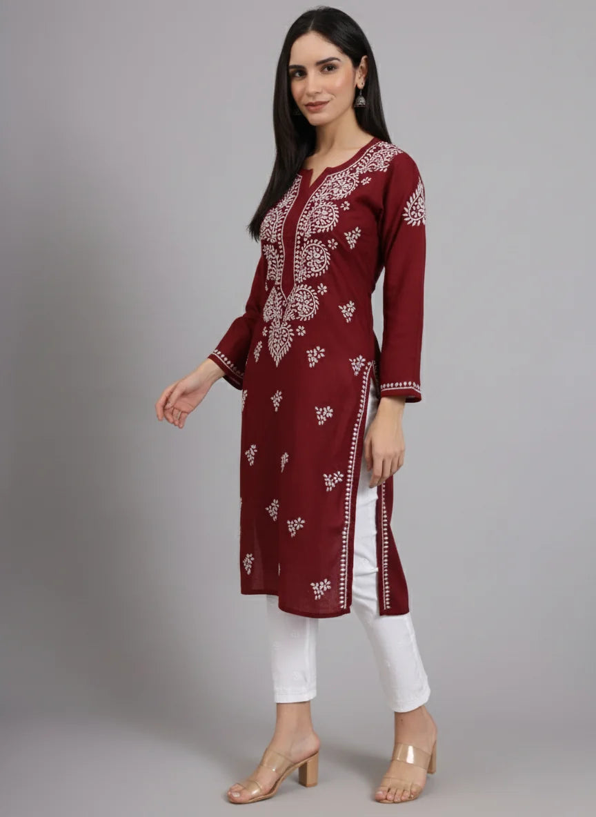 Women Hand Embroidered Lucknowi Chikankari Cotton Ethnic Motifs Kurta PC3997 Bottlegreen
