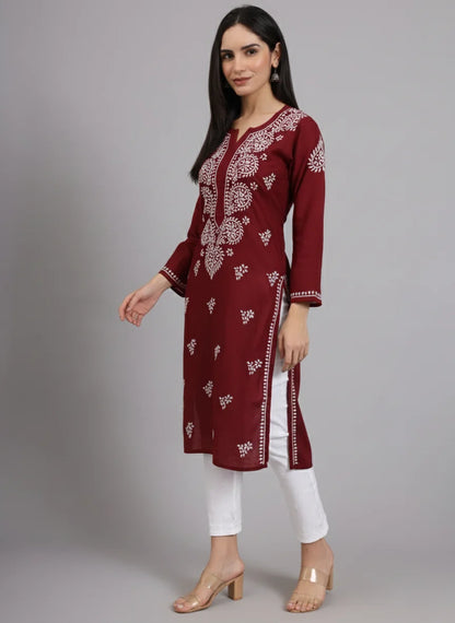 Women Hand Embroidered Lucknowi Chikankari Cotton Ethnic Motifs Kurta PC3997 Bottlegreen