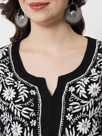 Hand Embroidered White Chikankari Rayon Straight Kurta-Pc3451 Black