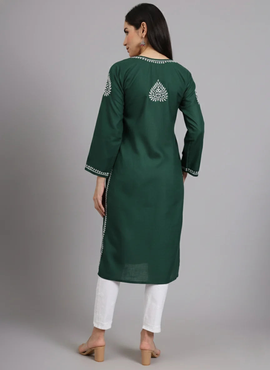 Women Hand Embroidered Lucknowi Chikankari Cotton Ethnic Motifs Kurta PC3997 Bottlegreen