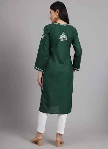Women Hand Embroidered Lucknowi Chikankari Cotton Ethnic Motifs Kurta PC3997 Bottlegreen