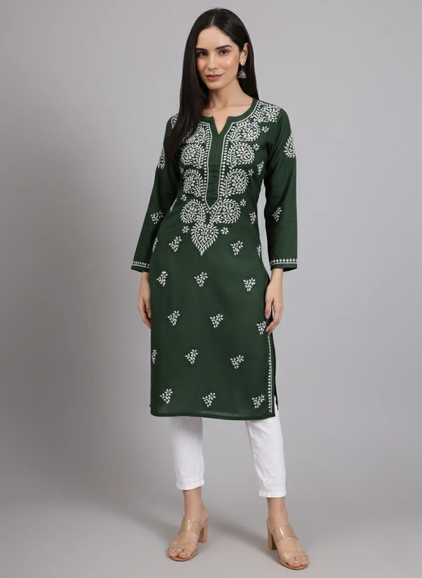 Women Hand Embroidered Lucknowi Chikankari Cotton Ethnic Motifs Kurta PC3997 Bottlegreen