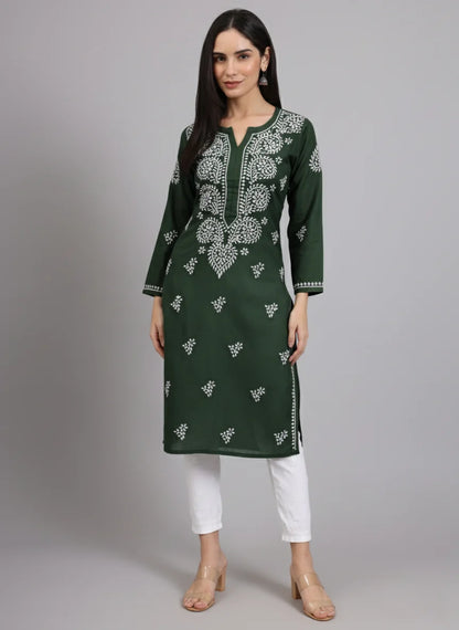 Women Hand Embroidered Lucknowi Chikankari Cotton Ethnic Motifs Kurta PC3997 Bottlegreen