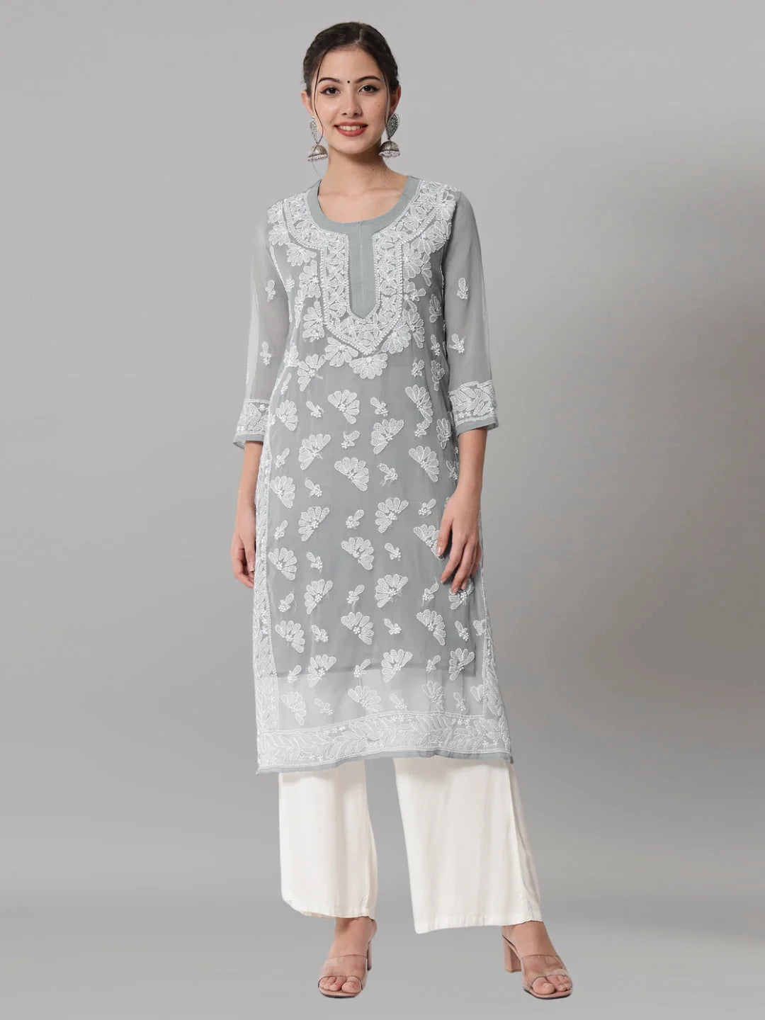 Women Hand Embroidered Chikankari Georgette Straight Kurta with Matching Slip- PC3545 Lightgrey