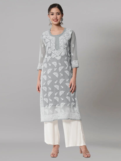 Women Hand Embroidered Chikankari Georgette Straight Kurta with Matching Slip- PC3545 Lightgrey