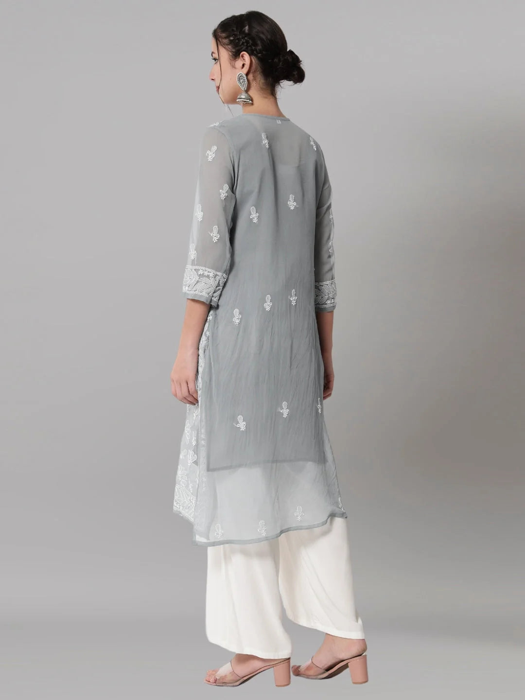 Women Hand Embroidered Chikankari Georgette Straight Kurta with Matching Slip- PC3545 Lightgrey