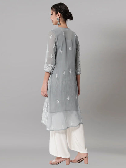 Women Hand Embroidered Chikankari Georgette Straight Kurta with Matching Slip- PC3545 Lightgrey