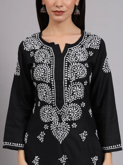Women Hand Embroidered Lucknowi Chikankari Cotton Ethnic Motifs Kurta PC3997 Black