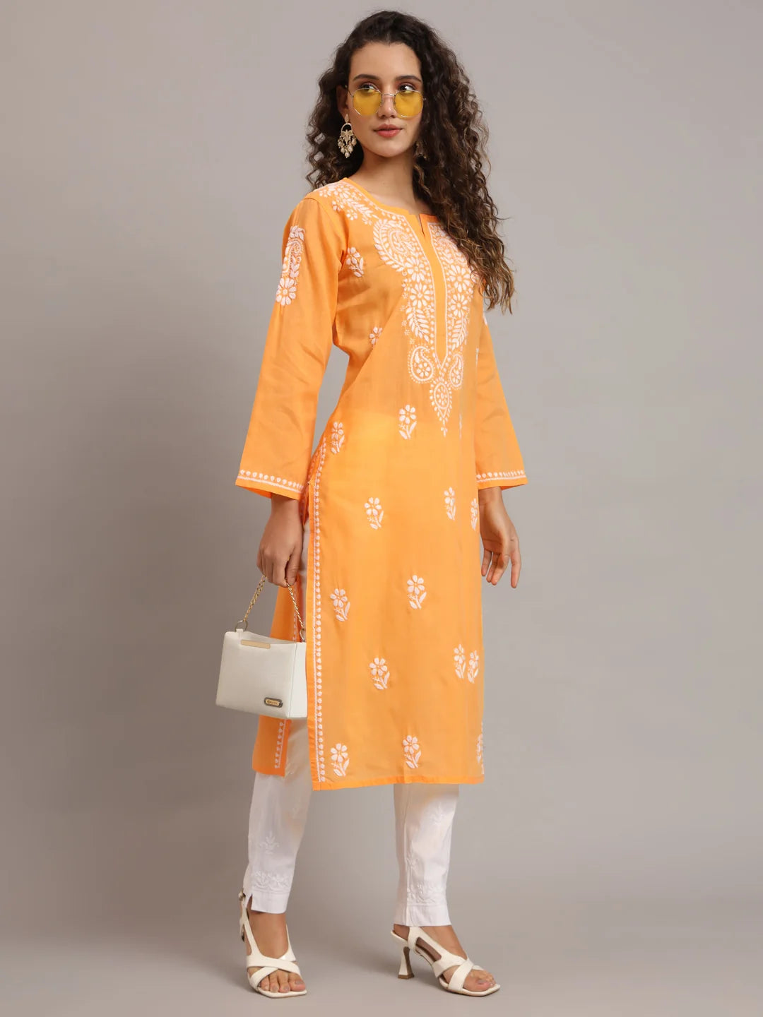 Hand Embroidered Chikankari Cotton Straight Kurta-Pc3561 Darkgoldenrod