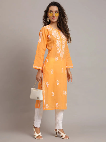 Hand Embroidered Chikankari Cotton Straight Kurta-Pc3561 Darkgoldenrod