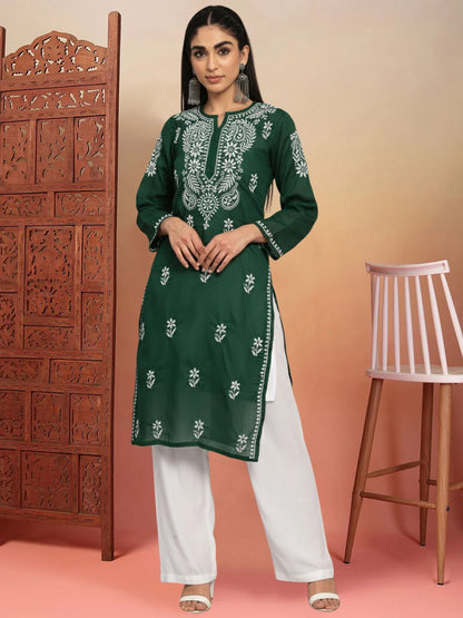 Hand Embroidered Chikankari Cotton Straight Kurta-Pc3561 Bottlegreen