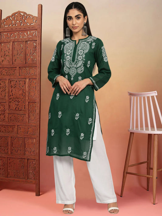 Hand Embroidered Chikankari Cotton Straight Kurta-Pc3561 Bottlegreen