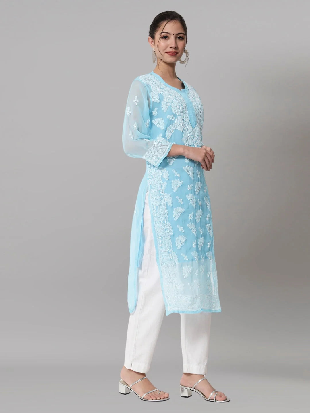 Women Hand Embroidered Chikankari Georgette Straight Kurta with Matching Slip- PC3545 Skyblue