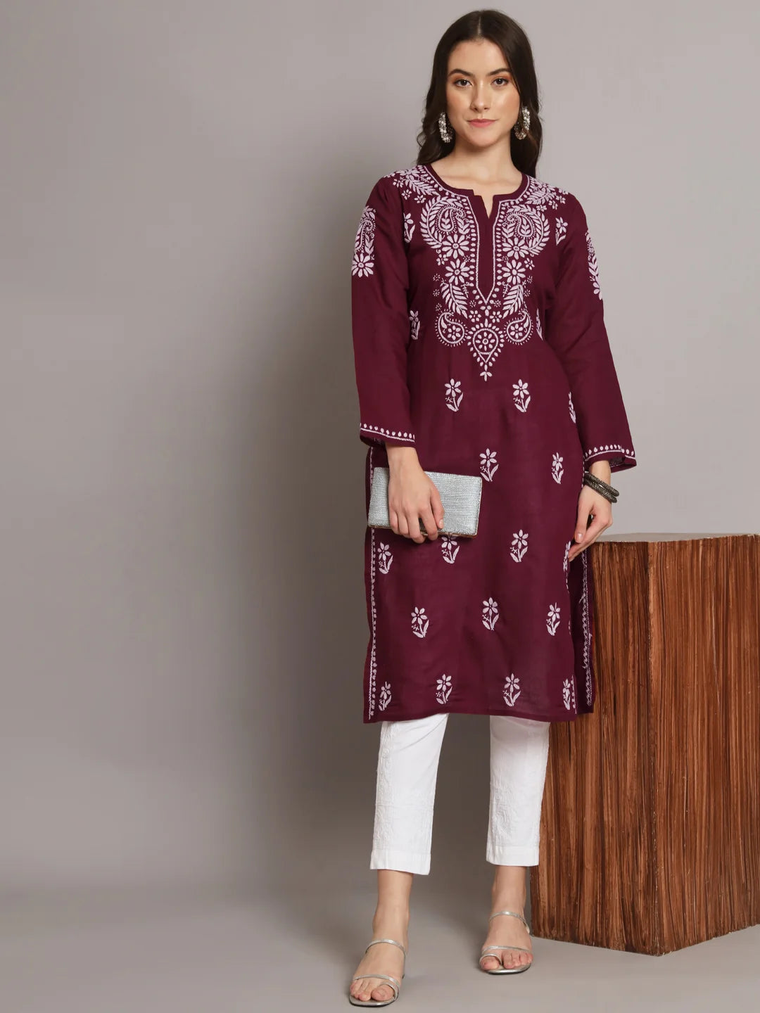 Hand Embroidered Chikankari Cotton Straight Kurta-Pc3561 Maroon