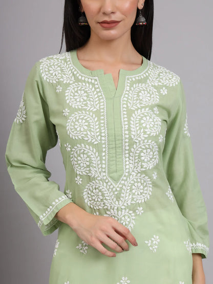 Women Hand Embroidered Lucknowi Chikankari Cotton Ethnic Motifs Kurta PC3997 Green