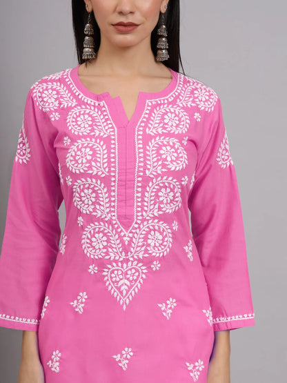 Women Hand Embroidered Lucknowi Chikankari Cotton Ethnic Motifs Kurta PC3997 Darkpink
