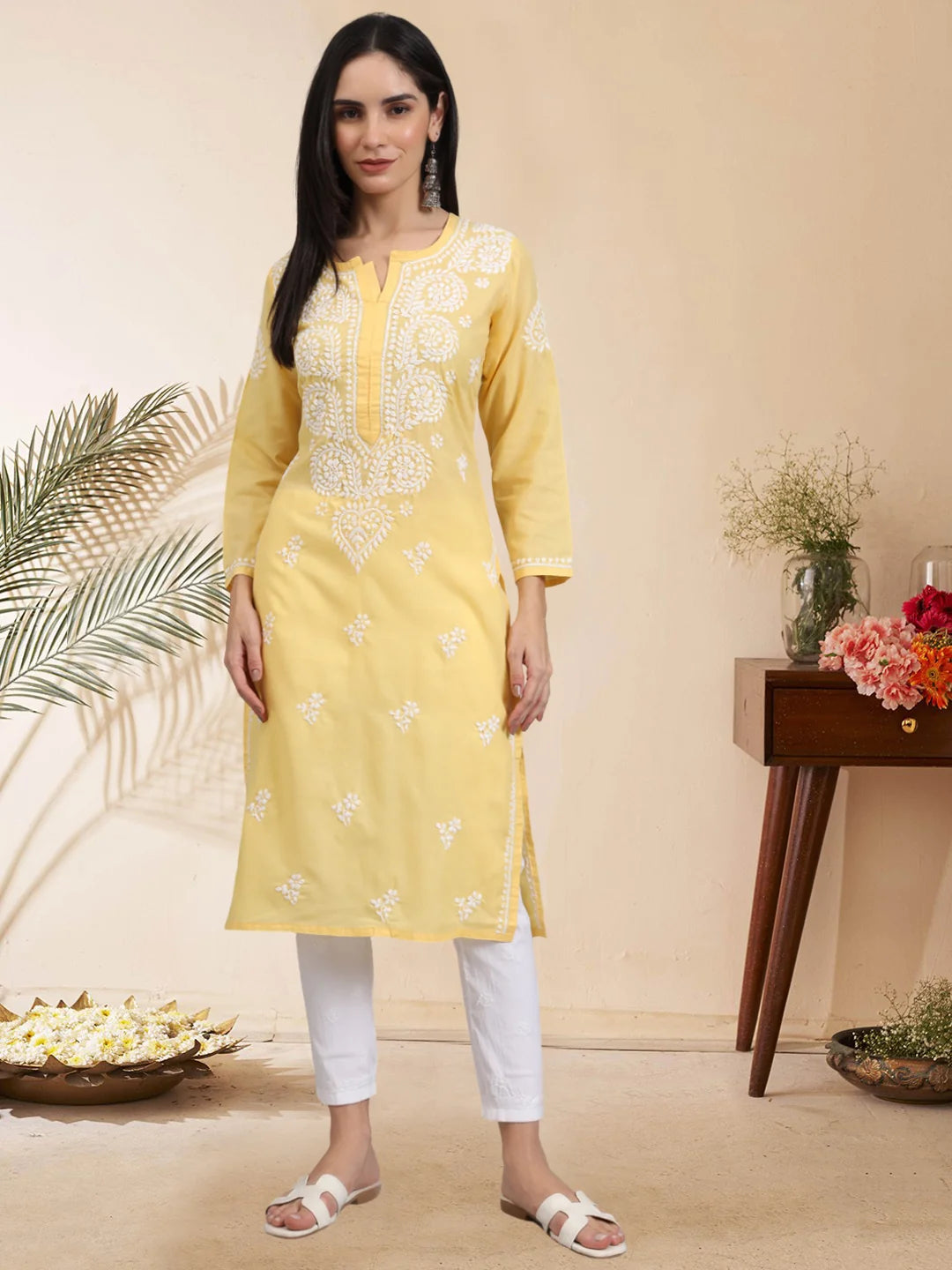 Women Hand Embroidered Lucknowi Chikankari Cotton Ethnic Motifs Kurta PC3997 Yellow
