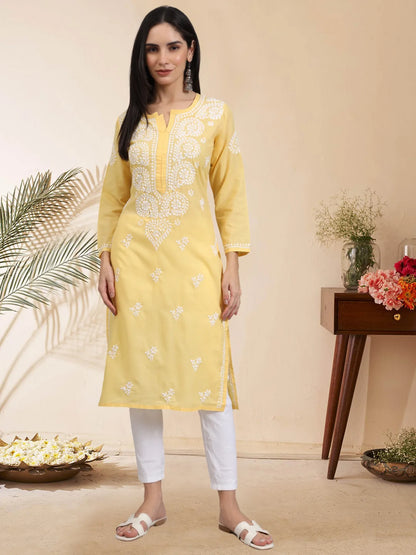Women Hand Embroidered Lucknowi Chikankari Cotton Ethnic Motifs Kurta PC3997 Yellow