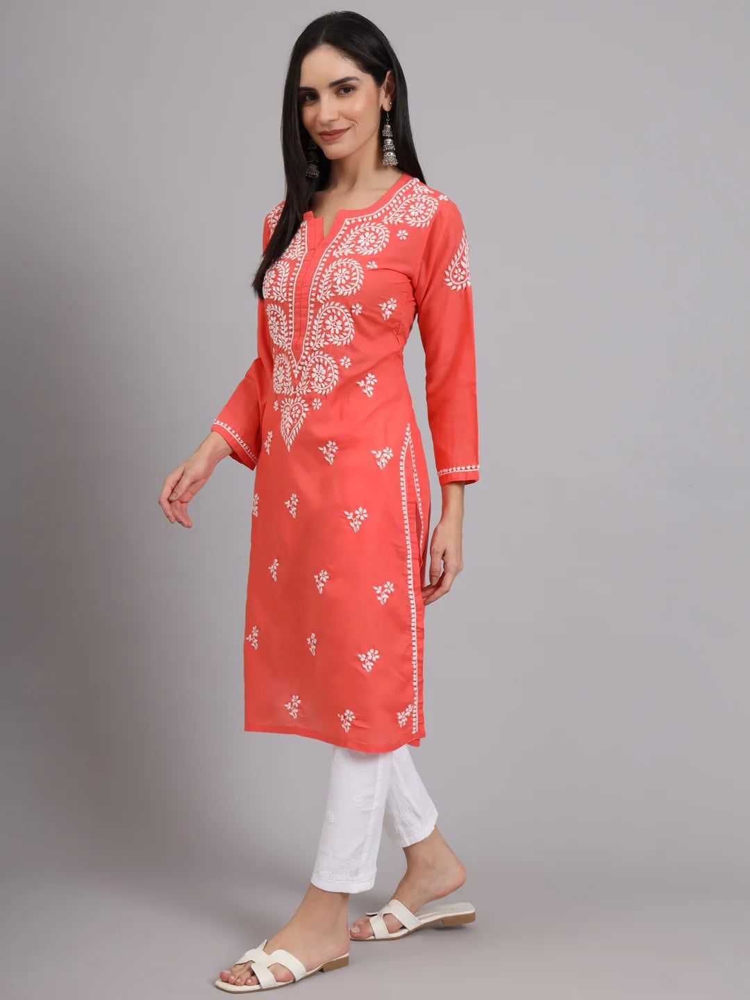 Women Hand Embroidered Lucknowi Chikankari Cotton Ethnic Motifs Kurta PC3997 Coral