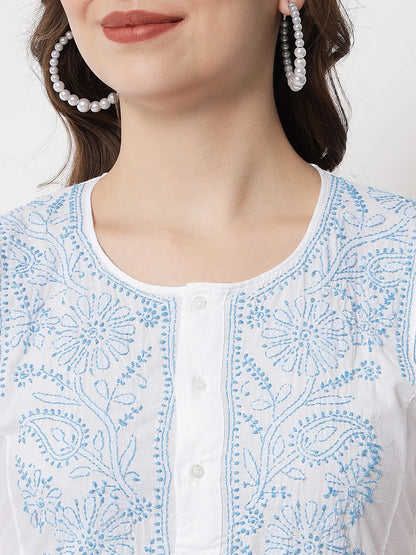 Hand Embroidered White Chikankari Cotton Straight Kurta-Pc3469 Skyblue
