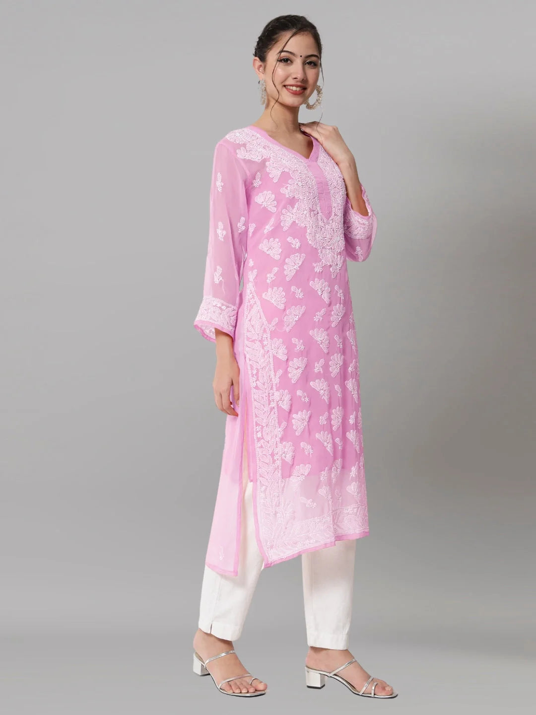 Women Hand Embroidered Chikankari Georgette Straight Kurta with Matching Slip- PC3545 Pink