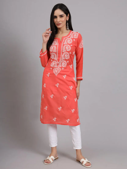 Women Hand Embroidered Lucknowi Chikankari Cotton Ethnic Motifs Kurta PC3997 Coral