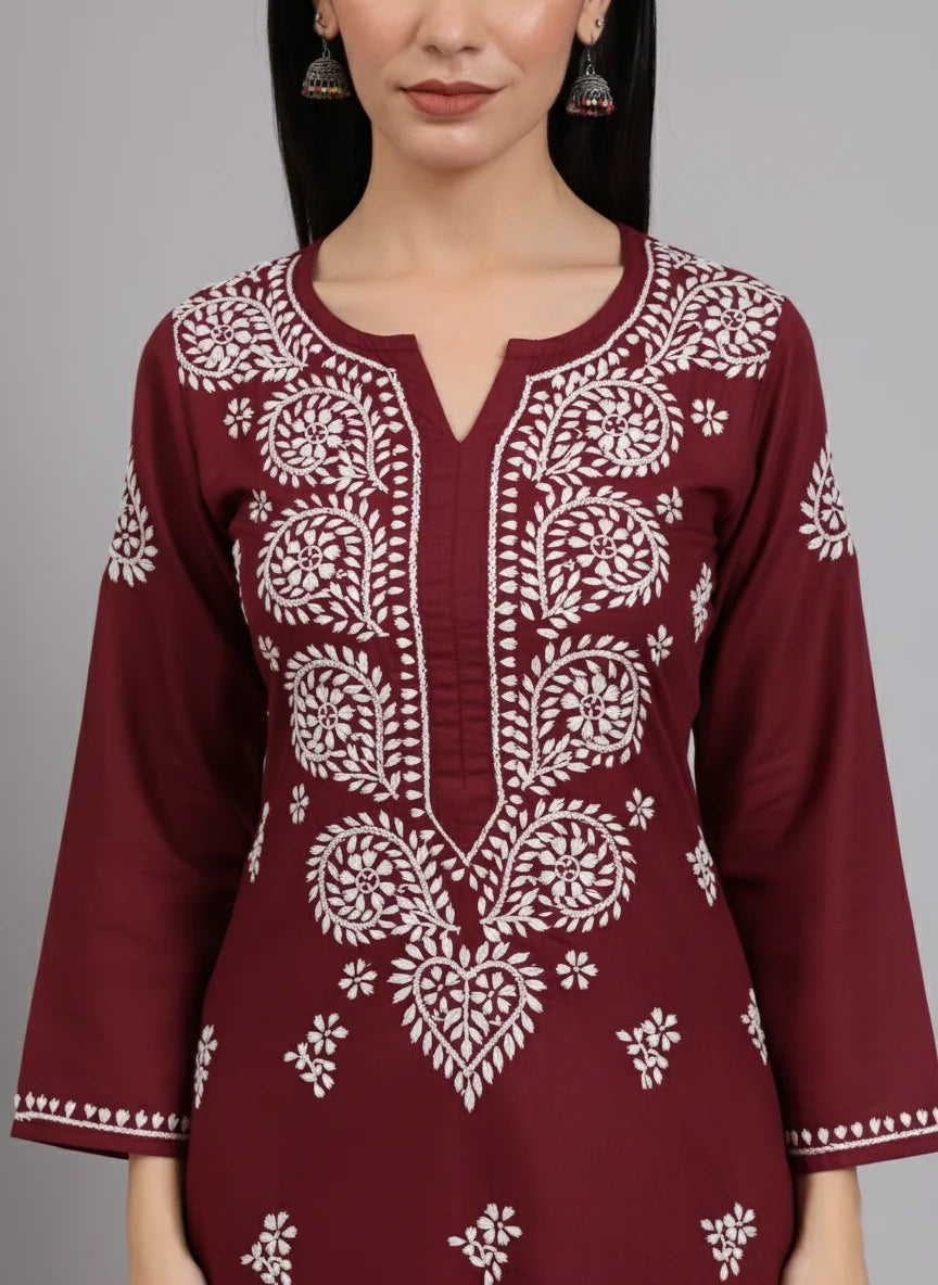 Women Hand Embroidered Lucknowi Chikankari Cotton Ethnic Motifs Kurta PC3997 Bottlegreen