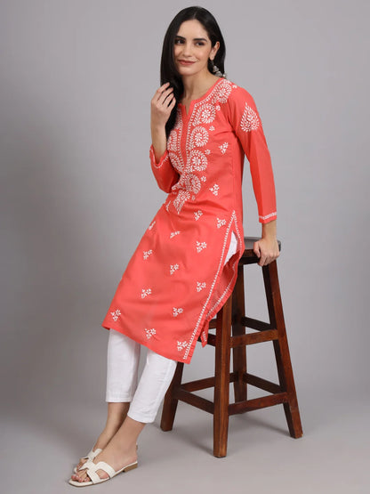 Women Hand Embroidered Lucknowi Chikankari Cotton Ethnic Motifs Kurta PC3997 Coral