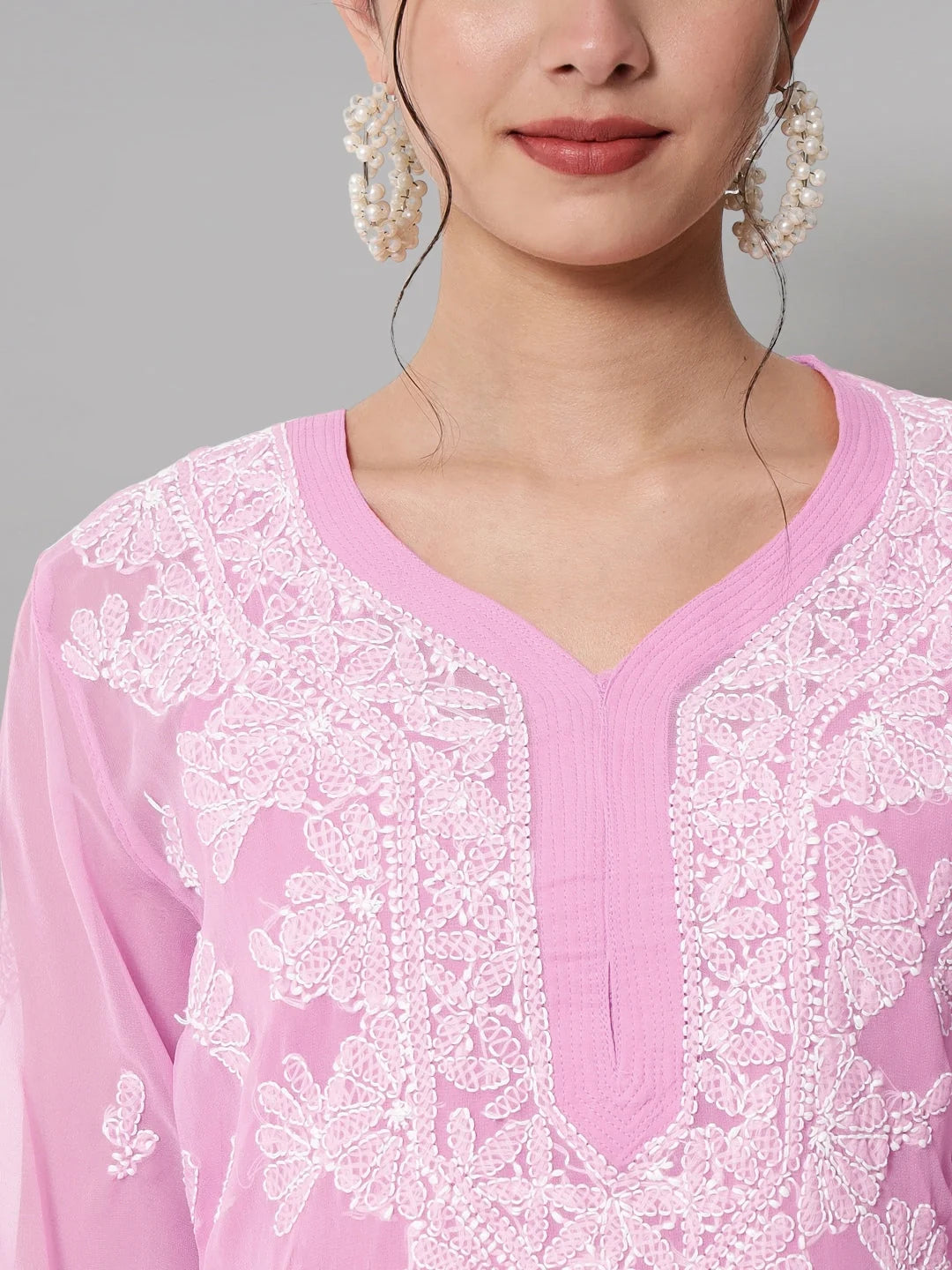 Women Hand Embroidered Chikankari Georgette Straight Kurta with Matching Slip- PC3545 Pink