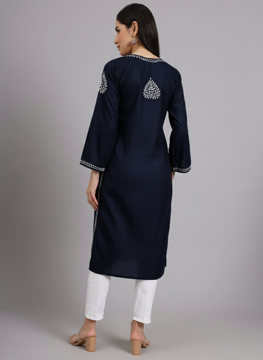 Women Hand Embroidered Lucknowi Chikankari Cotton Ethnic Motifs Kurta PC3997 Navy
