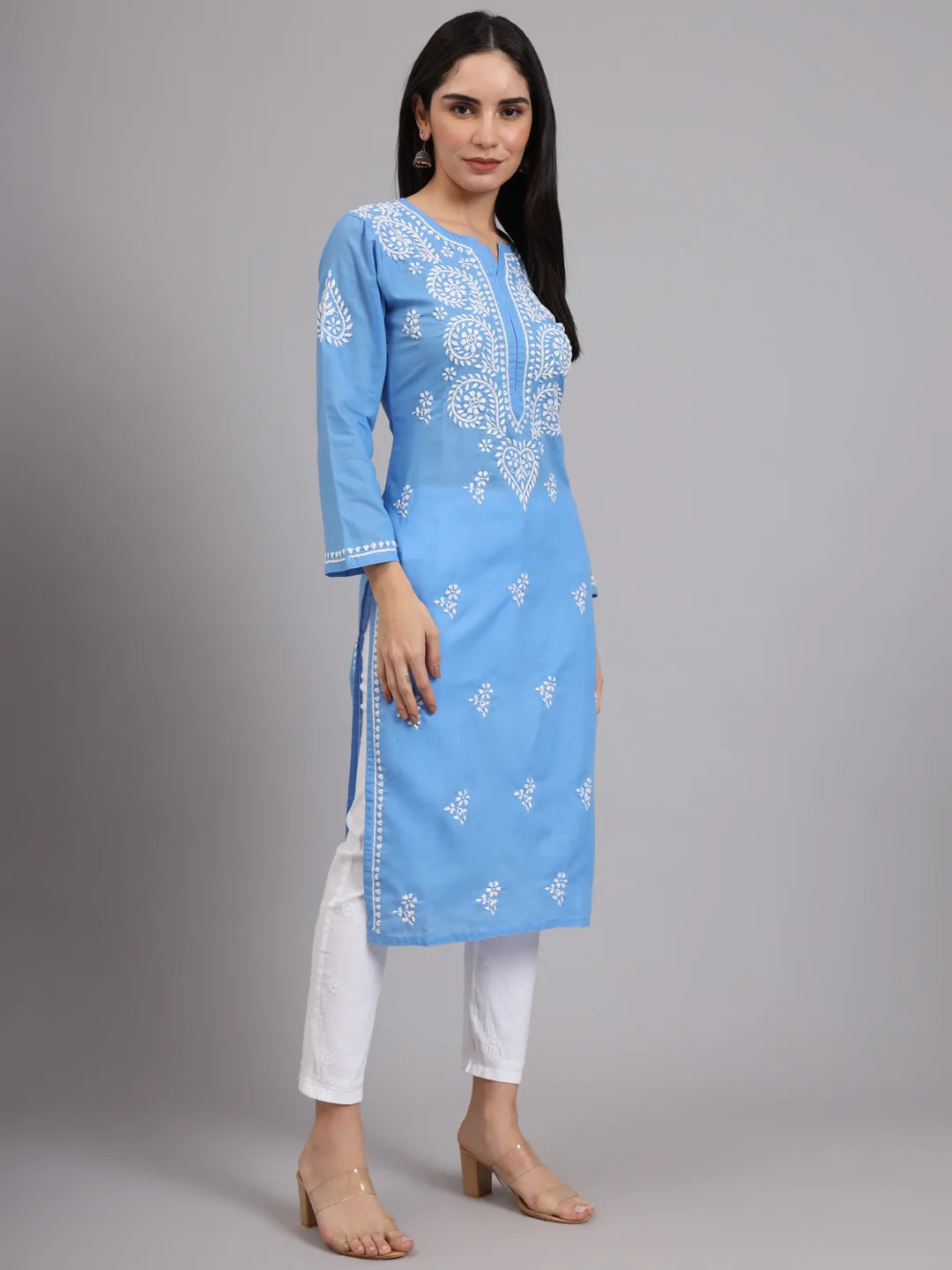 Women Hand Embroidered Lucknowi Chikankari Cotton Ethnic Motifs Kurta PC3997 Lightskyblue