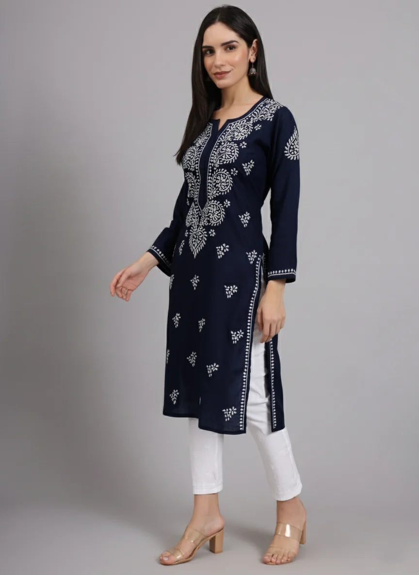 Women Hand Embroidered Lucknowi Chikankari Cotton Ethnic Motifs Kurta PC3997 Navy