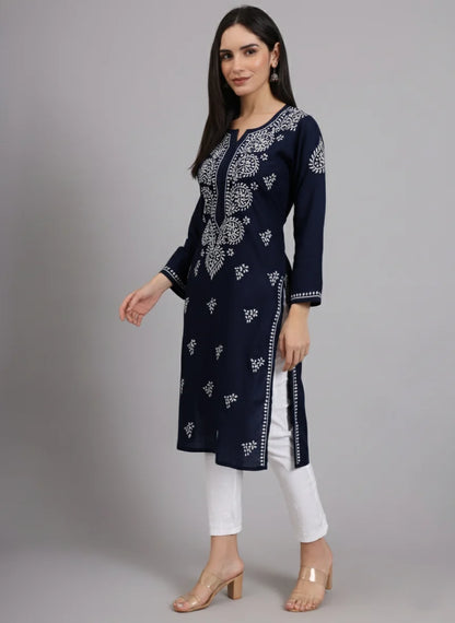 Women Hand Embroidered Lucknowi Chikankari Cotton Ethnic Motifs Kurta PC3997 Navy
