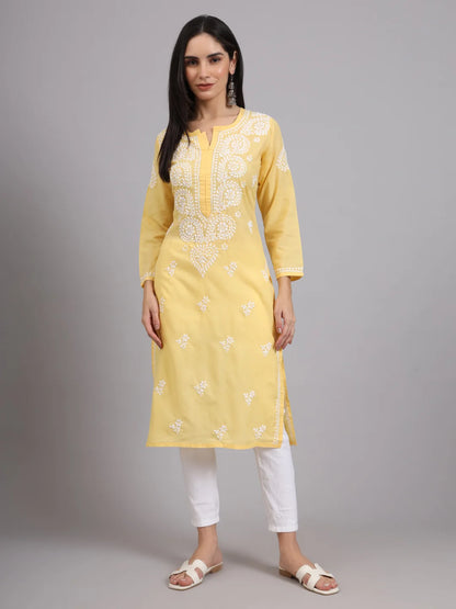 Women Hand Embroidered Lucknowi Chikankari Cotton Ethnic Motifs Kurta PC3997 Yellow