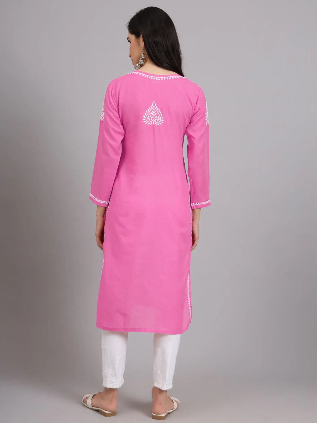 Women Hand Embroidered Lucknowi Chikankari Cotton Ethnic Motifs Kurta PC3997 Darkpink