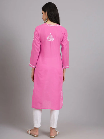 Women Hand Embroidered Lucknowi Chikankari Cotton Ethnic Motifs Kurta PC3997 Darkpink