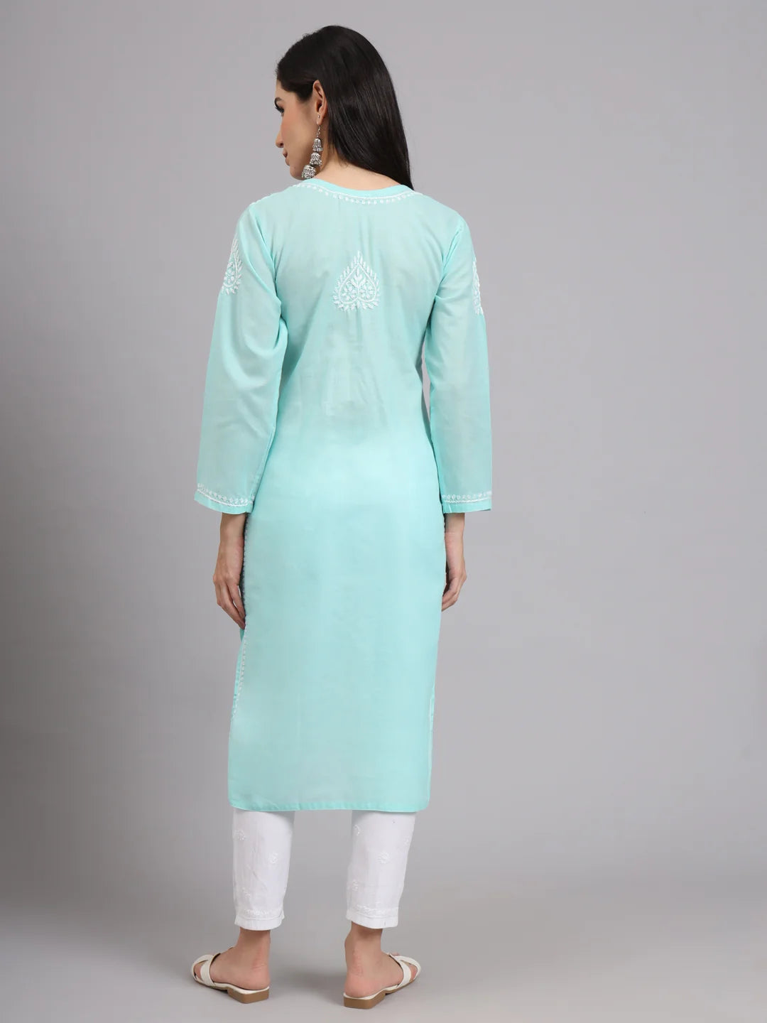 Women Hand Embroidered Lucknowi Chikankari Cotton Ethnic Motifs Kurta PC3997 Seagreen