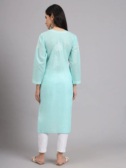 Women Hand Embroidered Lucknowi Chikankari Cotton Ethnic Motifs Kurta PC3997 Seagreen