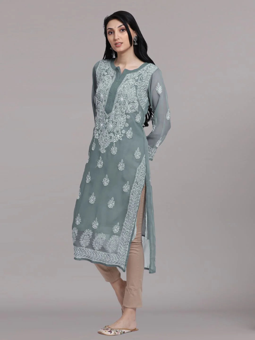 Hand Embroidered Steelgrey Chikankari Georgette Straight Kurta with Slip- PC3392 Dimgrey