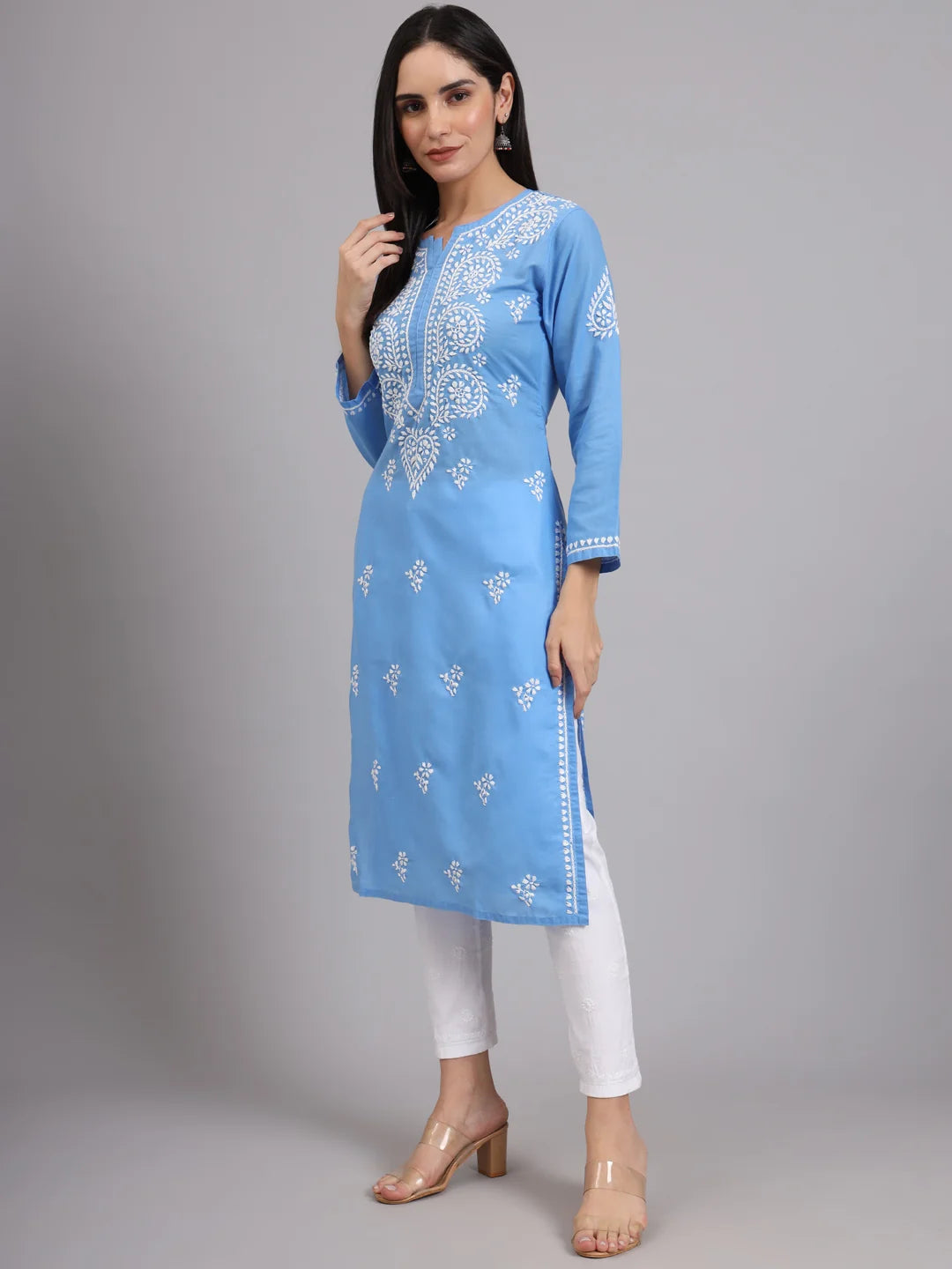 Women Hand Embroidered Lucknowi Chikankari Cotton Ethnic Motifs Kurta PC3997 Lightskyblue