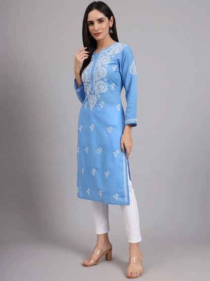 Women Hand Embroidered Lucknowi Chikankari Cotton Ethnic Motifs Kurta PC3997 Lightskyblue
