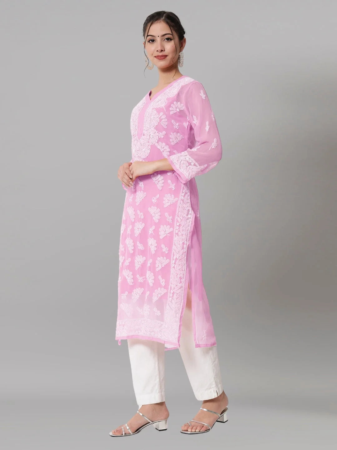 Women Hand Embroidered Chikankari Georgette Straight Kurta with Matching Slip- PC3545 Pink