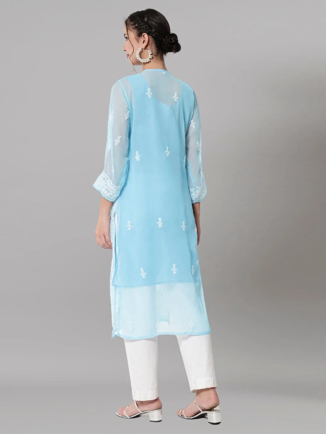 Women Hand Embroidered Chikankari Georgette Straight Kurta with Matching Slip- PC3545 Skyblue