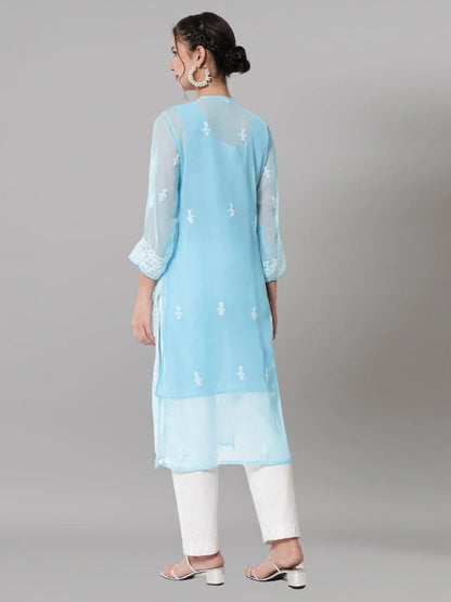 Women Hand Embroidered Chikankari Georgette Straight Kurta with Matching Slip- PC3545 Skyblue