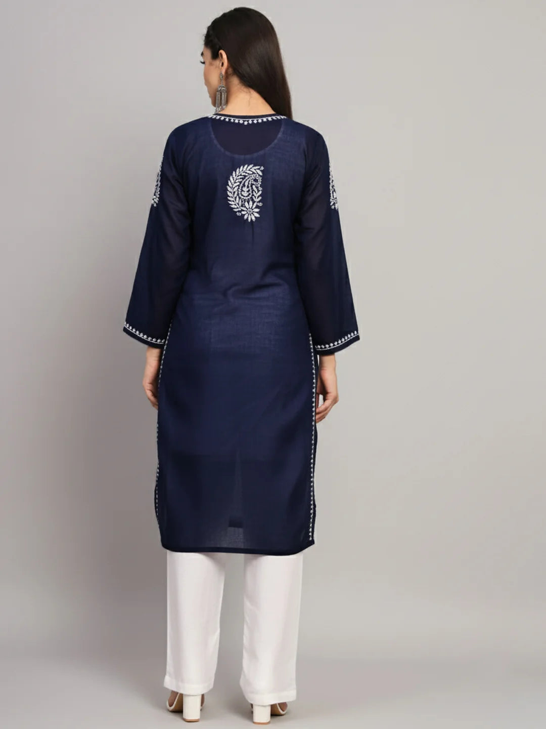 Hand Embroidered Chikankari Cotton Straight Kurta-Pc3561 Bottlegreen