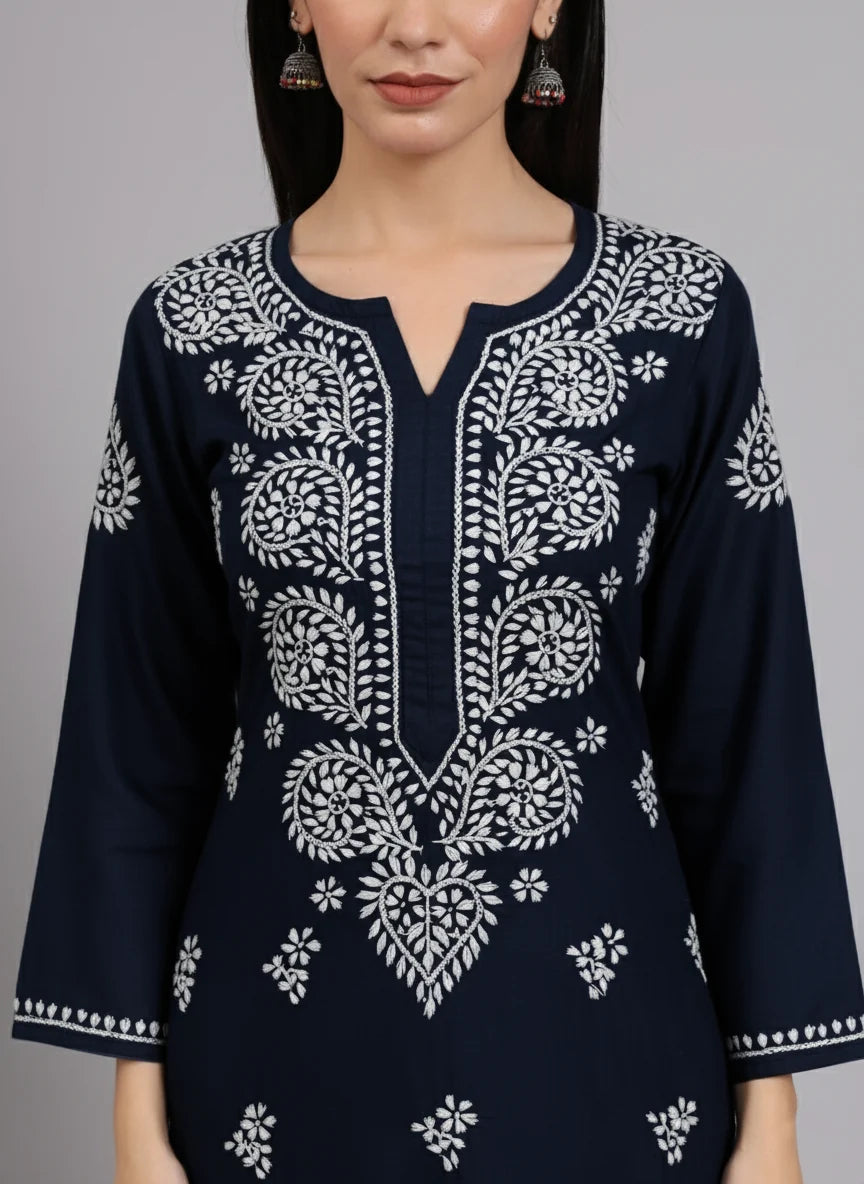 Women Hand Embroidered Lucknowi Chikankari Cotton Ethnic Motifs Kurta PC3997 Navy