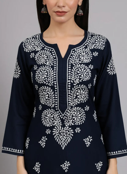 Women Hand Embroidered Lucknowi Chikankari Cotton Ethnic Motifs Kurta PC3997 Navy