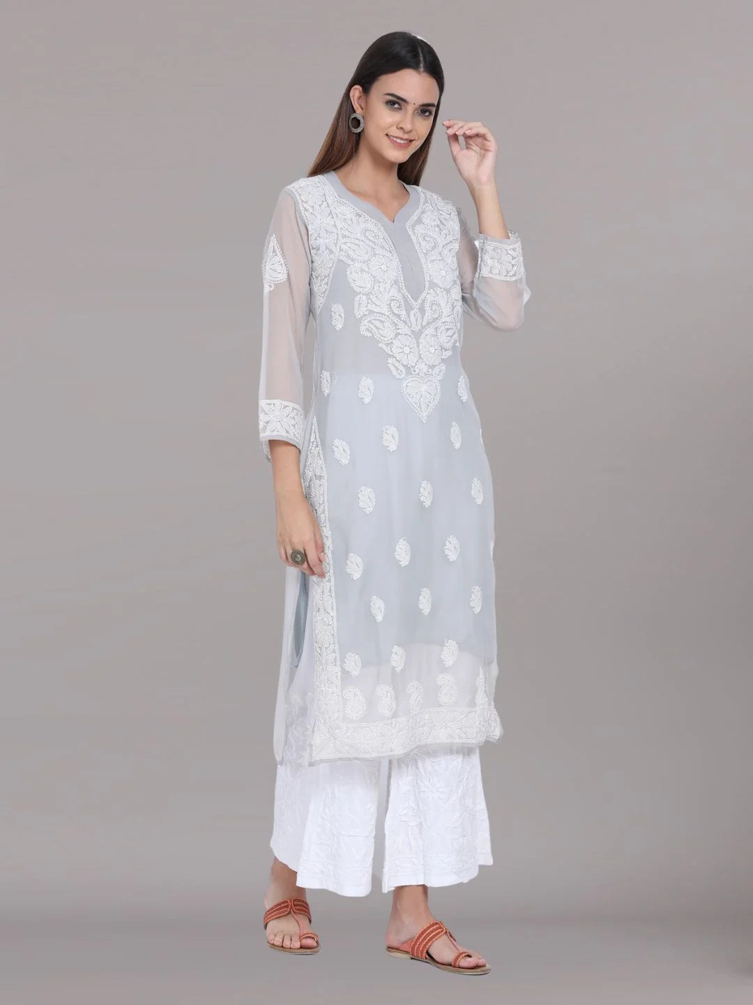 Hand Embroidered Steelgrey Chikankari Georgette Straight Kurta with Slip- PC3392 Dimgrey