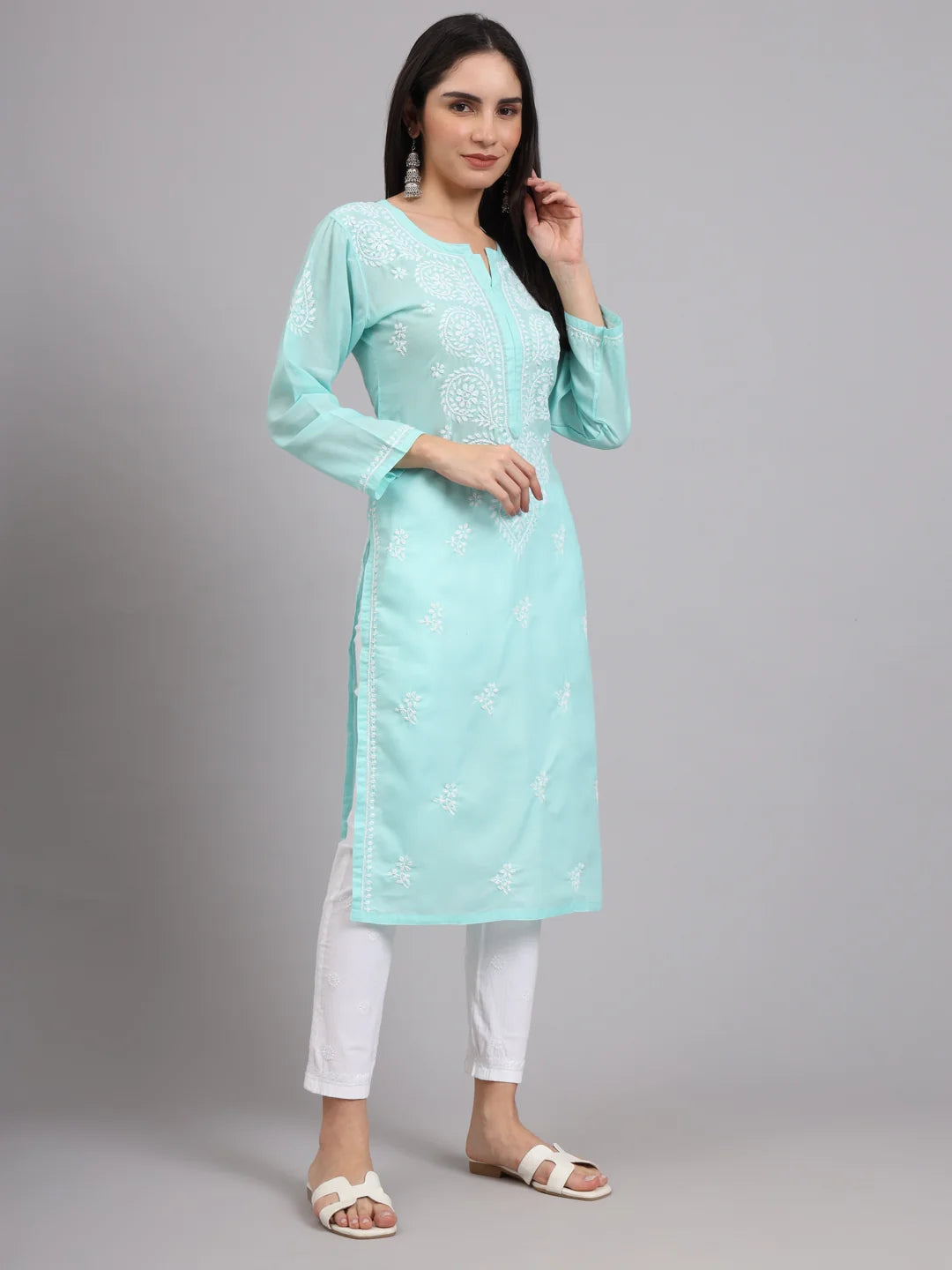 Women Hand Embroidered Lucknowi Chikankari Cotton Ethnic Motifs Kurta PC3997 Seagreen